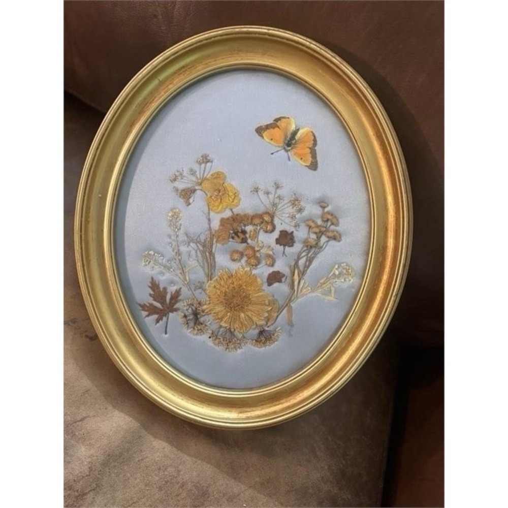 Vintage Pressed Dried Flower Art Oval Gold Frame Butterfly Botanical Decor